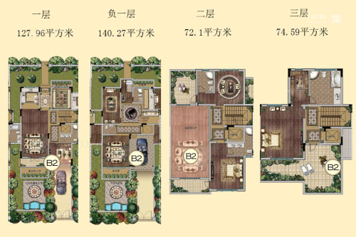 通宇林语山墅项目B2户型图-8室4厅6卫2厨建筑面积414.92平米