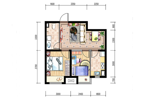 宏亚·圣诺园GB户型-2室2厅1卫1厨建筑面积56.80平米