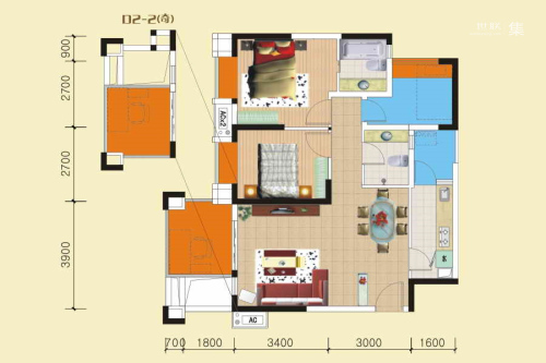 美洲花园棕榈湾119#D2-2(奇)户型-2室2厅2卫1厨建筑面积88.63平米