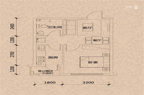 格林·香颂F户型-1室2厅1卫1厨建筑面积46.00平米