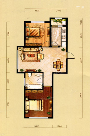 桐楠格领誉L户型-2室2厅1卫1厨建筑面积94.68平米