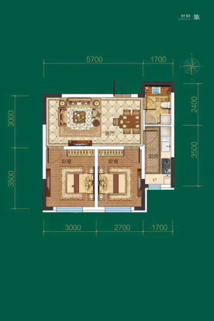 龙腾香格里A户型64平米-2室1厅1卫1厨建筑面积64.00平米