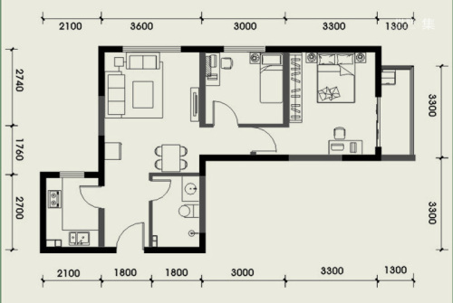 经发新北居1-4号楼C1户型-2室2厅1卫1厨建筑面积72.47平米