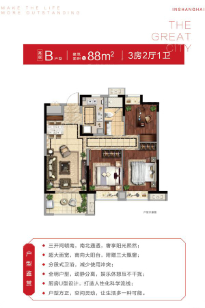 首创旭辉城二期88平户型-3室2厅1卫1厨建筑面积88.00平米