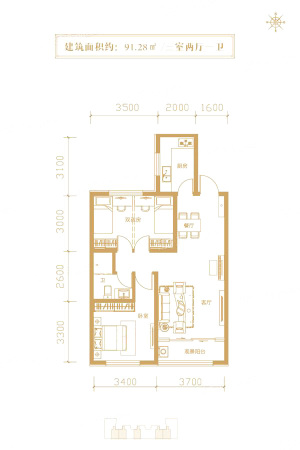 云杉溪谷高层-F'户型-3室2厅1卫1厨建筑面积91.28平米