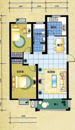 盘金华府一期002幢标准层A3户型-2室2厅1卫1厨建筑面积90.51平米
