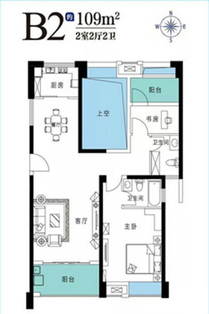 中交和美新城B2户型-2室2厅2卫1厨建筑面积109.00平米