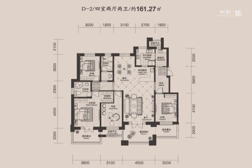 瀚林甲第3号楼D-2户型-3号楼D-2户型-4室2厅2卫1厨建筑面积161.27平米