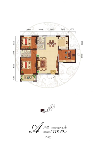 阳光台365A户型118.4平-3室2厅2卫1厨建筑面积118.40平米