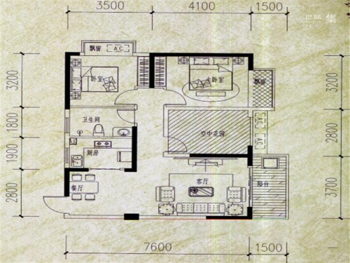 镒建·世纪城5#7#11#E1户型-2室2厅1卫1厨建筑面积89.00平米