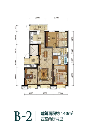 万科翡翠公园B2户型图-B2户型图-4室2厅2卫1厨建筑面积140.00平米