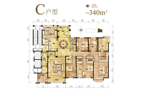 河畔新城品尚C户型340平米-5室3厅2卫1厨建筑面积340.00平米