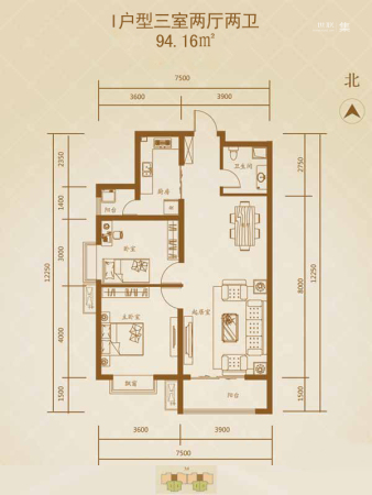 星湖国际花园3#标准层I户型-3室2厅2卫1厨建筑面积94.16平米
