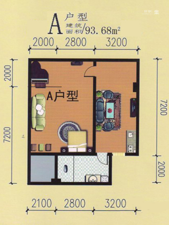 中山壹号广场A户型93.68平户型-1室1厅1卫1厨建筑面积93.68平米
