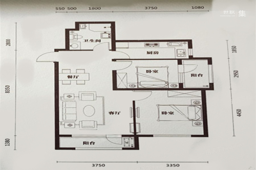 汇邦·克莱枫丹88㎡户型-2室2厅1卫1厨建筑面积88.00平米