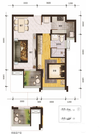 乐古浪成都一期1、8号楼标准层A户型-1室1厅1卫1厨建筑面积58.00平米
