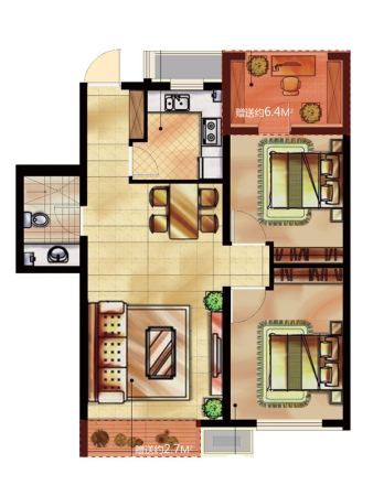 瑞家·坚果C户型-2室2厅1卫1厨建筑面积83.35平米