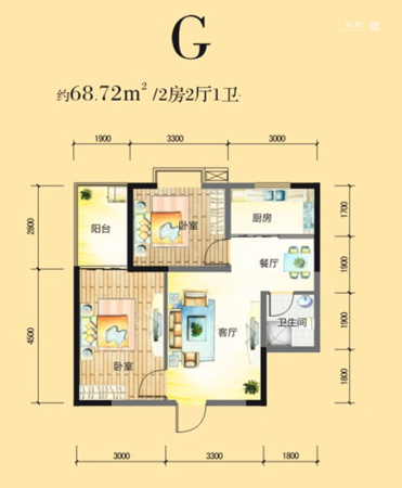 八水御源1-3号楼G户型-2室2厅1卫1厨建筑面积68.72平米