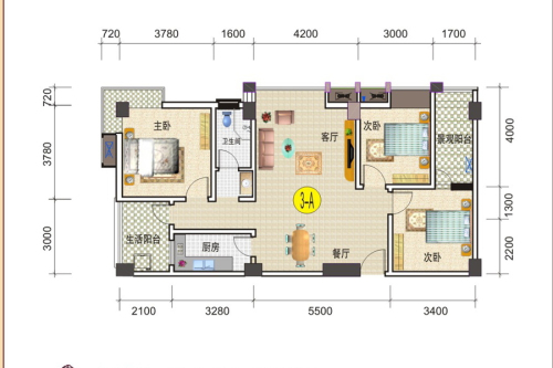 凯润嘉园3-A户型-3室2厅1卫1厨建筑面积125.29平米