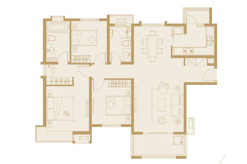 嘉誉山一期D1、E1、E5#标准层E2户型-3室2厅2卫1厨建筑面积141.00平米