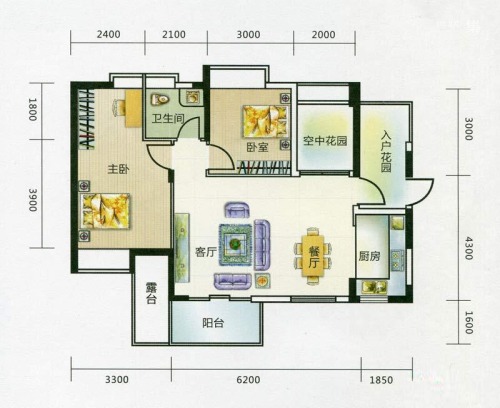 艺海苑A1户型-A1户型-2室2厅1卫1厨建筑面积88.29平米
