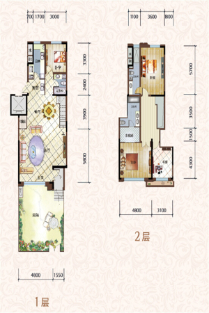 绿地城洋房A1户型1-2F-4室2厅3卫1厨建筑面积220.00平米