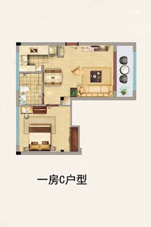 华园一房C户型-1室2厅1卫1厨建筑面积68.00平米