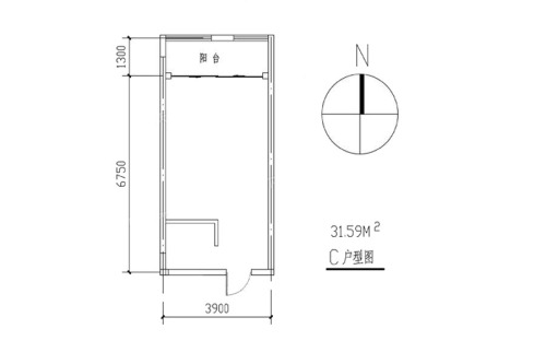 柠檬时代广场C户型-1室1厅1卫1厨建筑面积31.59平米