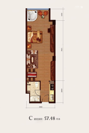 龙脉公馆C户型-1室1厅1卫1厨建筑面积57.48平米