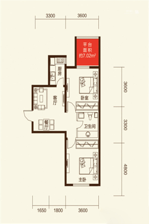 澳洲领地户型E-2室2厅1卫1厨建筑面积75.06平米