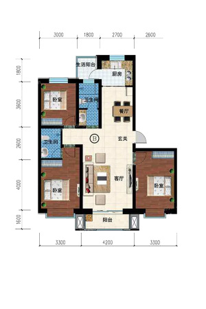 金灿家园1#B户型-3室2厅2卫1厨建筑面积131.59平米