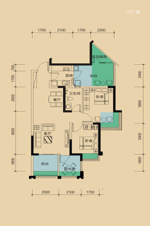 成都新天地2期春天里二期1、5、6号楼标准层A2户型-2室2厅1卫1厨建筑面积78.00平米