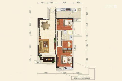 广物锦绣东方61栋05、08户型-3室2厅1卫1厨建筑面积77.00平米