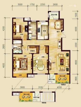 中兴·和园C2户型-3室2厅2卫1厨建筑面积130.10平米