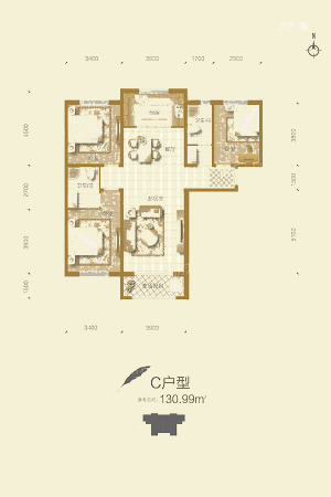 汇君城高层C户型-3室2厅2卫1厨建筑面积130.99平米