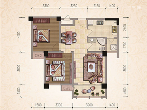 君悦花园一期1#标准层B户型-2室2厅1卫1厨建筑面积89.19平米