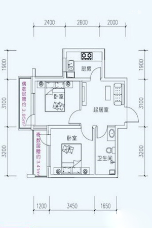 海伦堡B座E户型59平-B座E户型59平-2室1厅1卫1厨建筑面积59.00平米