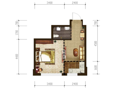 金阳万田D户型-1室2厅1卫1厨建筑面积42.00平米