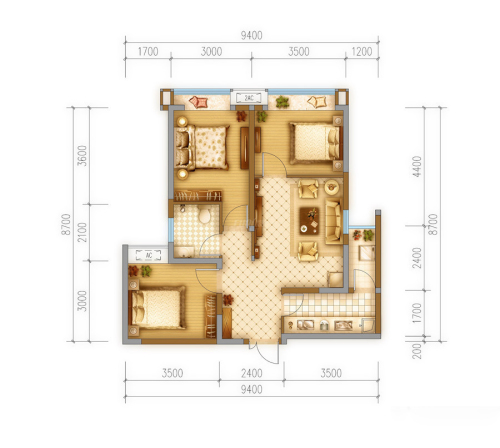 雄飞生活广场2期8栋标准层H1户型-2室2厅1卫1厨建筑面积80.45平米