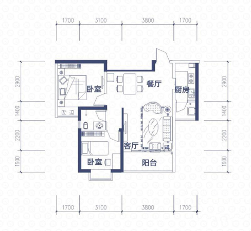 城市之心(新都)1、3号楼标准层B4户型-2室2厅1卫1厨建筑面积76.29平米