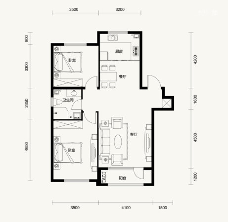 汇邦·克莱枫丹A1户型-2室2厅1卫1厨建筑面积99.00平米
