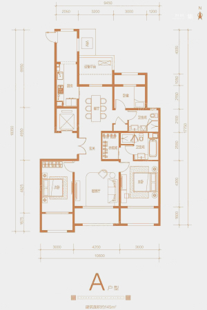 昆仑域A户型-3室2厅2卫1厨建筑面积145.00平米