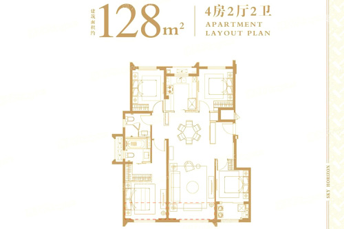 中骏天悦128平户型图-4室2厅2卫1厨建筑面积128.00平米