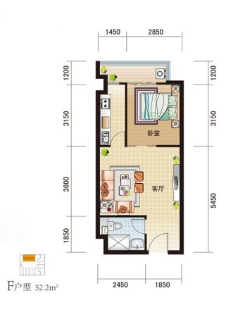 尚峰汇标准层F户型-1室1厅1卫1厨建筑面积52.20平米