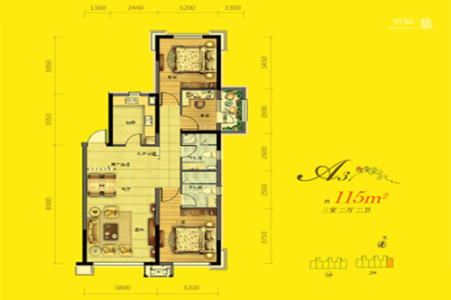 美的城A3户型-A3户型-3室2厅2卫1厨建筑面积115.00平米