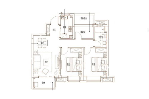 万科金域东方90平户型-3室2厅1卫1厨建筑面积90.00平米
