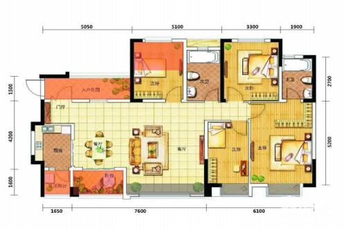 家益凤凰富居1#、3#、4#、8#标准层C2户型-4室2厅2卫1厨建筑面积143.00平米