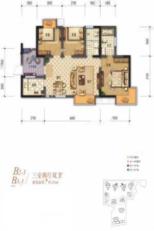 棠湖清江花语一期B2-3、B3-3户型标准层-3室2厅2卫1厨建筑面积87.91平米