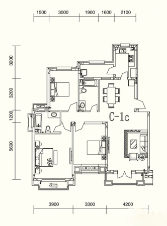 中旅国际小镇C-1c户型-3室2厅2卫1厨建筑面积135.00平米