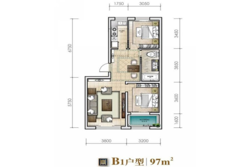 城建·锦泉蓝湾B1户型-2室2厅1卫1厨建筑面积97.00平米